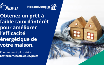 Le Programme de prêts Maisons durables Ottawa pour aider les propriétaires résidentiels d’Ottawa à apporter des améliorations en matière d’efficacité énergétique.
